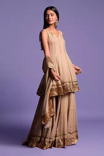 Mouse Grey Short Anarkali With Sharara Suit