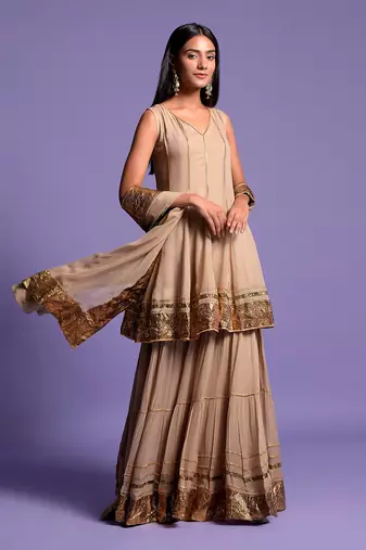 Mouse Grey Short Anarkali With Sharara Suit