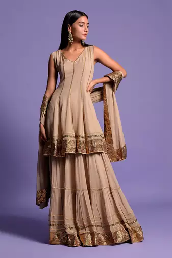 Mouse Grey Short Anarkali With Sharara Suit