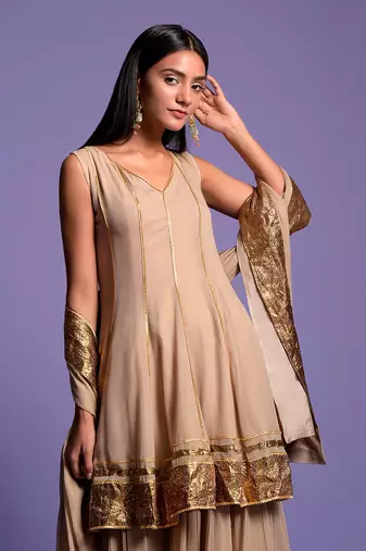 Mouse Grey Short Anarkali With Sharara Suit