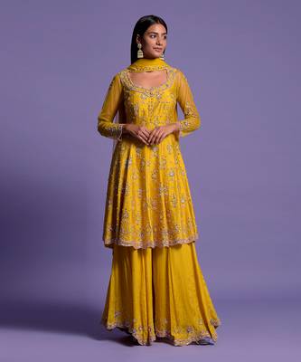Yellow Embroidered Short Anarkali With Sharara & Dupatta Set 1