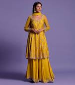 Yellow Embroidered Short Anarkali With Sharara & Dupatta Set