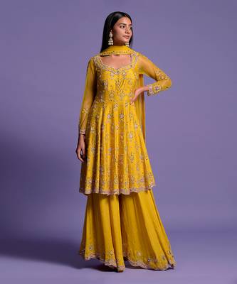 Yellow Embroidered Short Anarkali With Sharara & Dupatta Set 2