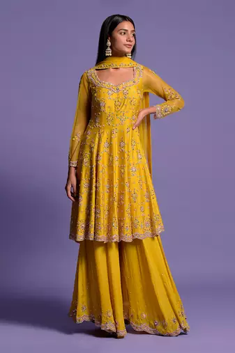 Yellow Embroidered Short Anarkali With Sharara & Dupatta Set