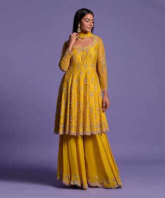 Yellow Embroidered Short Anarkali With Sharara & Dupatta Set 3