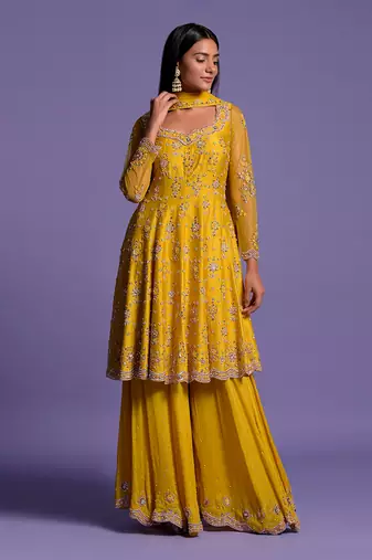 Yellow Embroidered Short Anarkali With Sharara & Dupatta Set