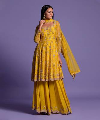 Yellow Embroidered Short Anarkali With Sharara & Dupatta Set 4