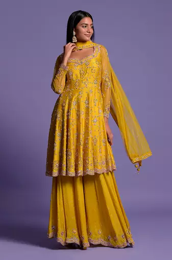 Yellow Embroidered Short Anarkali With Sharara & Dupatta Set