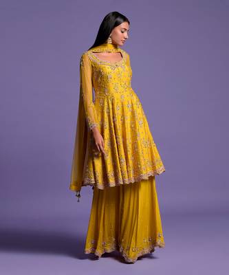 Yellow Embroidered Short Anarkali With Sharara & Dupatta Set 5