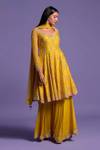 Yellow Embroidered Short Anarkali With Sharara & Dupatta Set