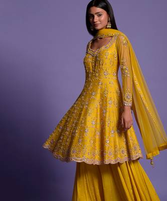 Yellow Embroidered Short Anarkali With Sharara & Dupatta Set 6