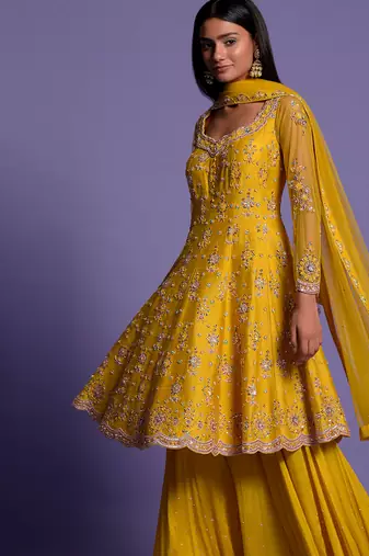 Yellow Embroidered Short Anarkali With Sharara & Dupatta Set