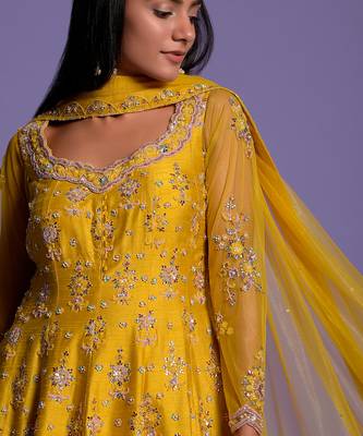 Yellow Embroidered Short Anarkali With Sharara & Dupatta Set 7