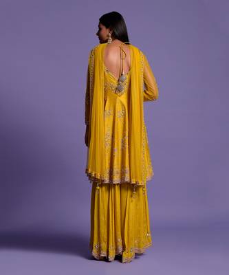 Yellow Embroidered Short Anarkali With Sharara & Dupatta Set 8