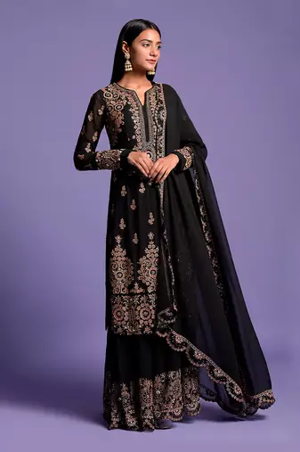 Black Heavy Embroidered Kurta With Sharara