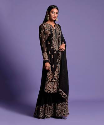 Black Heavy Embroidered Kurta With Sharara 3