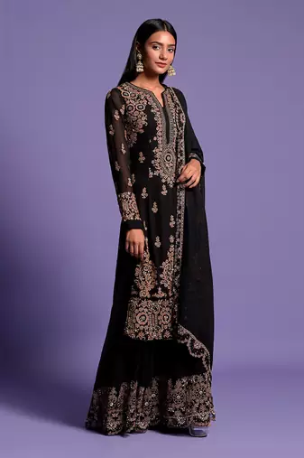 Black Heavy Embroidered Kurta With Sharara