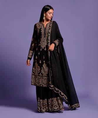 Black Heavy Embroidered Kurta With Sharara 4