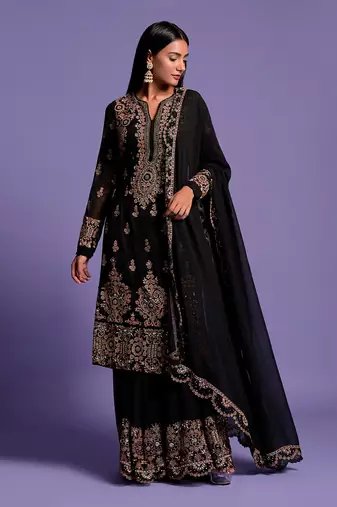 Black Heavy Embroidered Kurta With Sharara