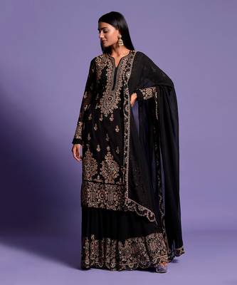Black Heavy Embroidered Kurta With Sharara 5