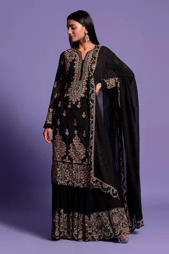 Black Heavy Embroidered Kurta With Sharara