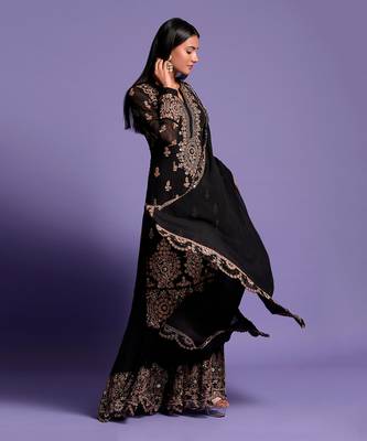 Black Heavy Embroidered Kurta With Sharara 6