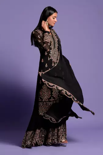 Black Heavy Embroidered Kurta With Sharara