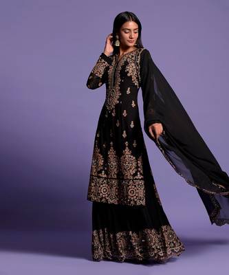 Black Heavy Embroidered Kurta With Sharara 7