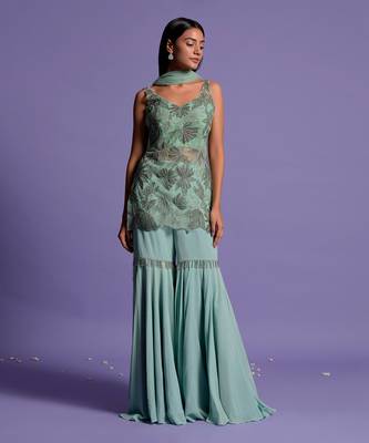 Sea Green Embroidered Kurta With Garara & Dupatta 1
