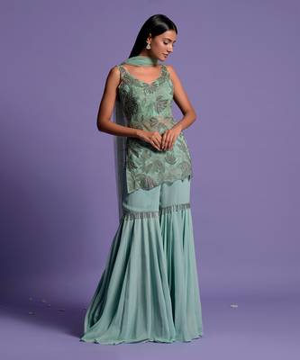 Sea Green Embroidered Kurta With Garara & Dupatta 2