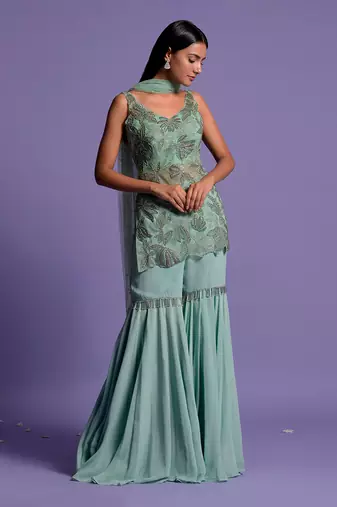 Sea Green Embroidered Kurta With Garara & Dupatta