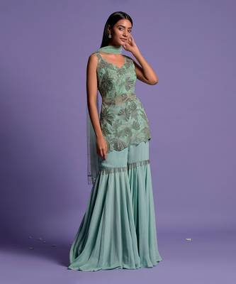 Sea Green Embroidered Kurta With Garara & Dupatta 3