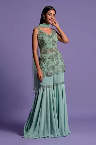 Sea Green Embroidered Kurta With Garara & Dupatta