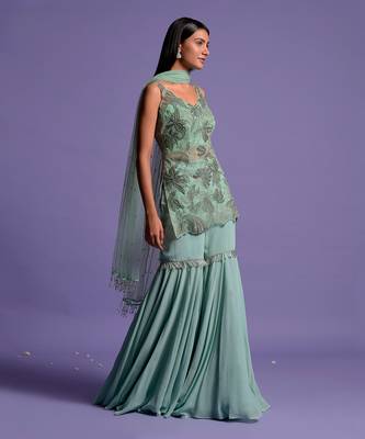 Sea Green Embroidered Kurta With Garara & Dupatta 4