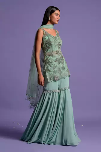 Sea Green Embroidered Kurta With Garara & Dupatta