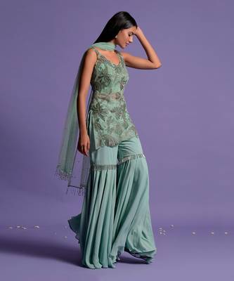 Sea Green Embroidered Kurta With Garara & Dupatta 5