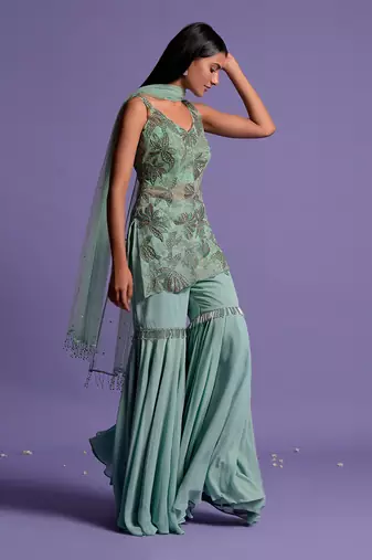 Sea Green Embroidered Kurta With Garara & Dupatta
