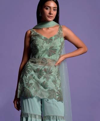 Sea Green Embroidered Kurta With Garara & Dupatta 6