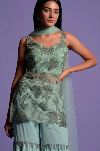 Sea Green Embroidered Kurta With Garara & Dupatta