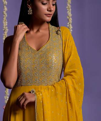 Silver Sequin Embellished Mustard Anarkali Gown 2