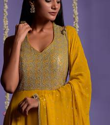 Silver Sequin Embellished Mustard Anarkali Gown
