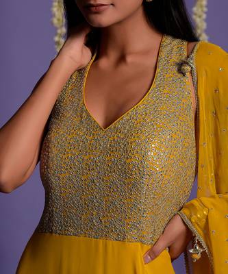 Silver Sequin Embellished Mustard Anarkali Gown 3
