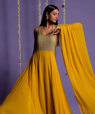 Silver Sequin Embellished Mustard Anarkali Gown 4