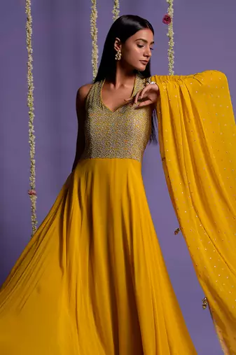 Silver Sequin Embellished Mustard Anarkali Gown