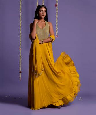 Silver Sequin Embellished Mustard Anarkali Gown 1