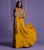 Silver Sequin Embellished Mustard Anarkali Gown