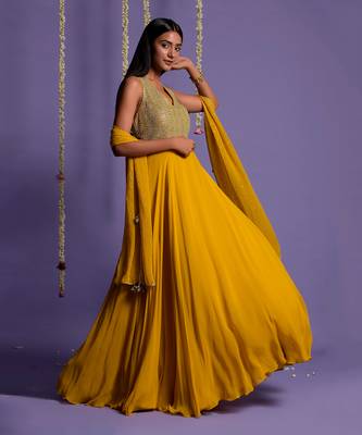 Silver Sequin Embellished Mustard Anarkali Gown 5
