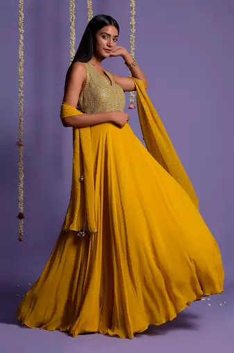 Silver Sequin Embellished Mustard Anarkali Gown