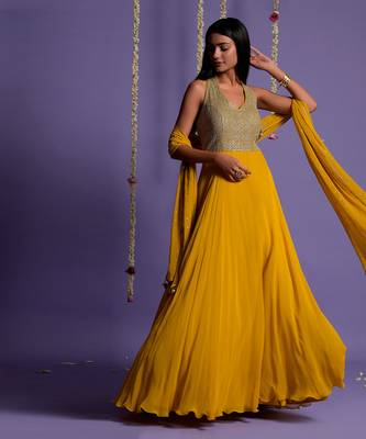 Silver Sequin Embellished Mustard Anarkali Gown 6