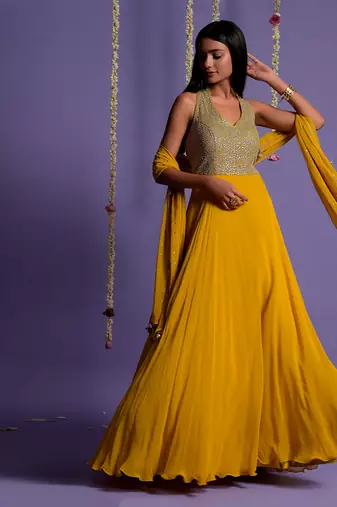 Silver Sequin Embellished Mustard Anarkali Gown